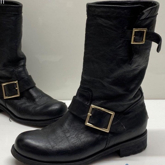 Worn 1x~ Jimmy Choo Black Leather Moto Biker Boots w/Gold BucklesSize 36